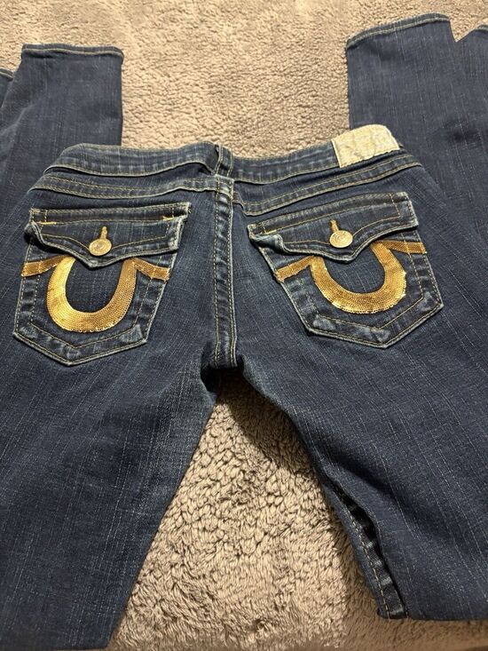 True Religion Denim - WOMENS TRUE RELIGION JOEY  GOLD SEQUINS HORSESHOE BOOT CUT JEANS 29x32.5-Rare!!